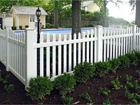 <b>PVC Picket Fence - Scalloped Contemporary White Vinyl Picket Fence with Pointed 3 inch pickets and New England Post Caps</b>